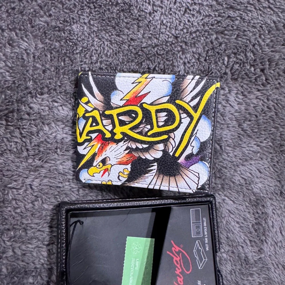 Ed Hardy Mens Eagle Graphic Bifold Wallet Black Tattoo Art with Valet Tray Box